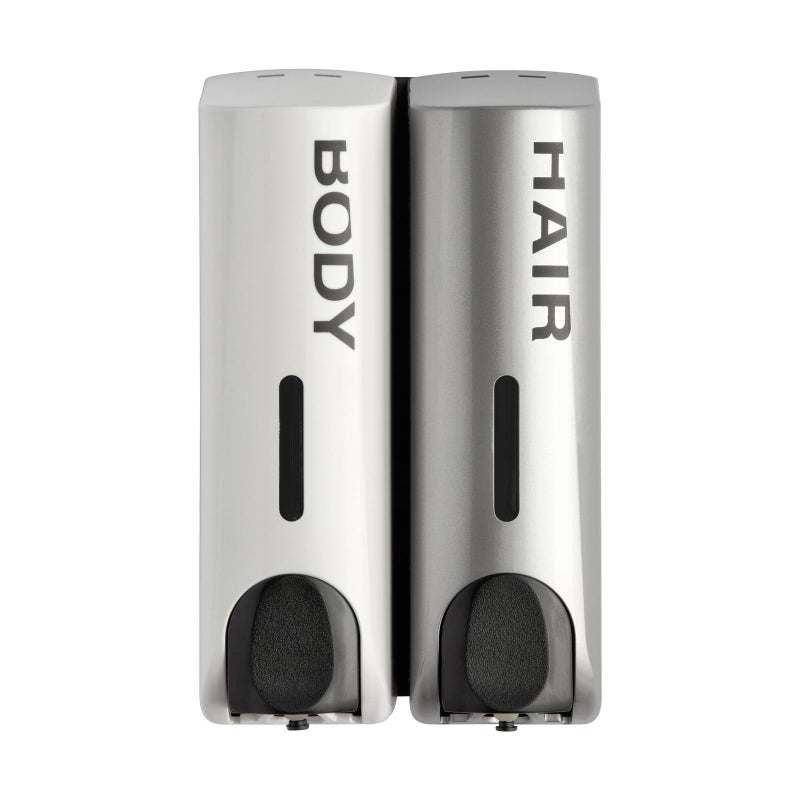 EZPULL Duo Wall Mounted Shampoo Soap Shower Dispensers with 2x350ml Refillable Bottles, White/Silver - Image 1